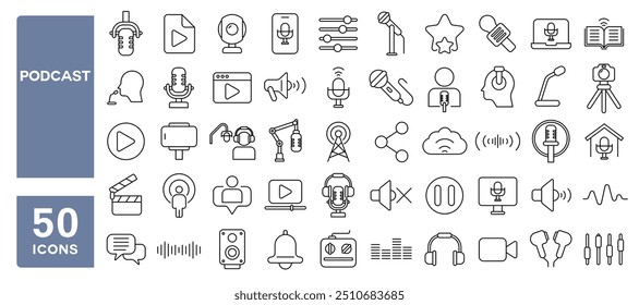 Set of 50 line icons related to podcast, microphone, broadcast, record, audio, video, playlist, live, content, Editable stroke. Vector illustration