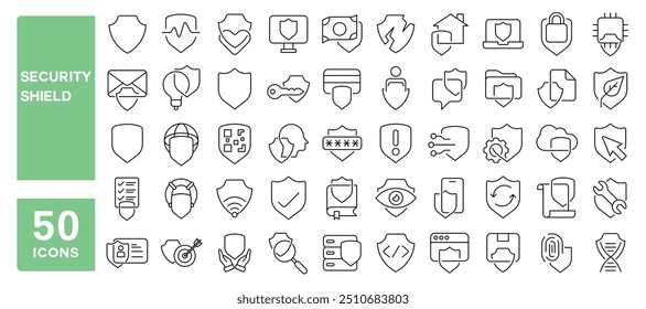 Set of 50 line icons related to security shield, lock, secure, alert, password, smart, safety, cyber, protection, guard, acces, Editable stroke. Vector illustration
