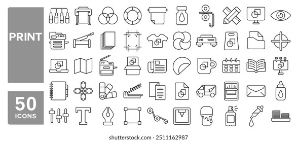 Set of 50 line icons related to print, printing, printer, digital, offset, brochure, catalog, flyer, newspaper, card, t-shirt, design, painting, Editable stroke. Vector illustration