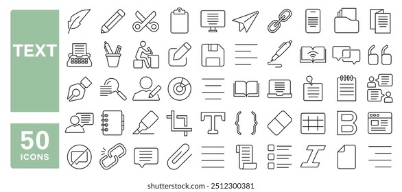 Set of 50 line icons related to text, writing, review, article, chat, communication, pen, write, pencil, note, edit, document, Editable stroke. Vector illustration