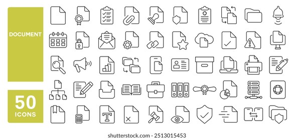 Conjunto de 50 ícones de linha relacionados a documento, arquivo, recibo, preparação, papéis, pasta, legal, aprovação, documentação, curso editável. Ilustração vetorial