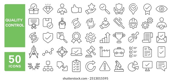 Set of 50 line icons related to quality control, product, assurance, test, check, inspection, evaluation, review, approve, production, Editable stroke. Vector illustration