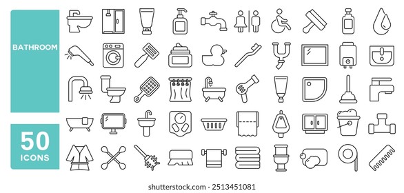 Set von 50 Linien Icons bezogen auf Bad, Badewanne, WC, Bidet, Spiegel, Wasserhahn, Dusche, Waschbecken, Seife, Shampoo, Kamm, Creme, Editable Stroke. Vektorgrafik