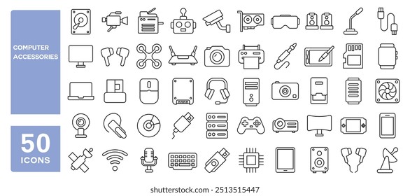 Set of 50 line icons related to computer accessories, mouse, keyboard, flash drive, usb, cable, headphones, mic, camera, pc, cpu, gpu, ssd, appliances, printer, Editable stroke. Vector illustration