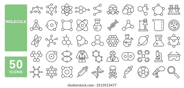 Conjunto de 50 iconos de línea relacionados con molécula, átomo, electrón, estructura, ADN, biología, laboratorio, química, proteína, trazo editable. Ilustración vectorial