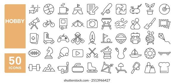 Set von 50 Linien Icons in Bezug auf Hobby, Freizeit, Wandern, Schauspiel, Reisen, Kochen, Angeln, Schach, Malerei, Radfahren, Bearbeitbarer Schlaganfall. Vektorgrafik