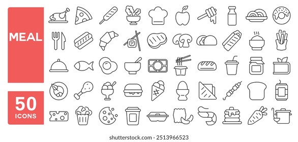 Set of 50 line icons related to meal, food, bowl, pasta, chicken, fish, sandwich, soup, meat, vegetables, pot, sushi, pizza, Editable stroke. Vector illustration