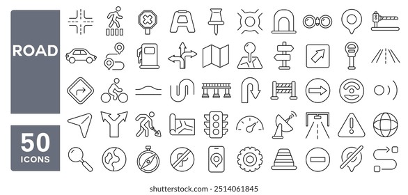 Conjunto de 50 iconos de línea relacionados con carretera, calle, unidad, cruce peatonal, carretera, tráfico, luces, gps, puente, rotonda, direcciones, barrera, carrera editable. Ilustración vectorial