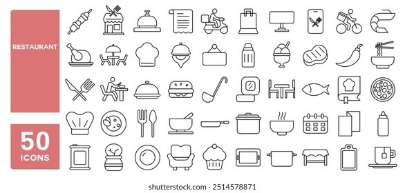 Set of 50 line icons related to restaurant, catering, kitchen, dining, fork, spoon, knife, plate, cloche, tray, chef, hat, tableware, delivery, cooking, menu, Editable stroke. Vector illustration