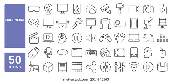 Set von 50 Linien Icons in Bezug auf Multimedia, digital, Technologie, Foto, Video, audiovisuelle, Mikrofon, Projektor, Spiele, 3D, Audio, vr, Editable Stroke. Vektorgrafik