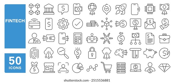 Set of 50 line icons related to fintech, banking, financial, payment, cryptocurrency, digital, technology, analysis, wallet, Editable stroke. Vector illustration