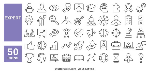 Set von 50 Linien Icons bezogen auf Experte, Expertise, Erfahrung, Wissen, Geschicklichkeit, Spezialist, Kompetenz, Professional, verwalten, editierbare Strich. Vektorgrafik