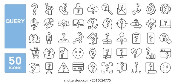 Conjunto de 50 iconos de línea relacionados con la consulta, pregunta, pregunta, ayuda, confusión, marca, preguntas frecuentes, rompecabezas, solucionar, problema, Asistencia, trazo editable. Ilustración vectorial