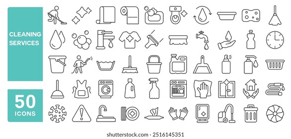 Conjunto de 50 iconos de línea relacionados con los servicios de limpieza, tareas domésticas, limpieza, lavado, higiene, cepillo, esponja, spray, agua, eliminación de polvo, cubo, gota, líquido, trapeador, carrera editable. Ilustración vectorial