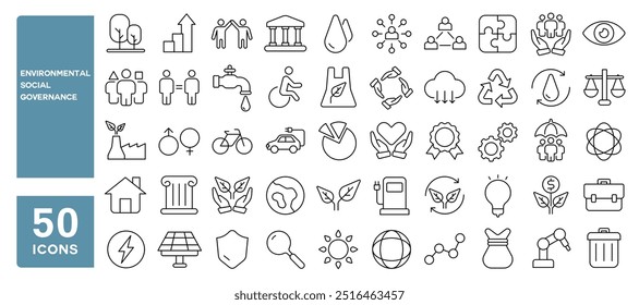 Set of 50 line icons related to environmental social governance, sustainable, climate, responsibility, rights, humanity, economy, performance, social,ecology, esg, Editable stroke. Vector illustration