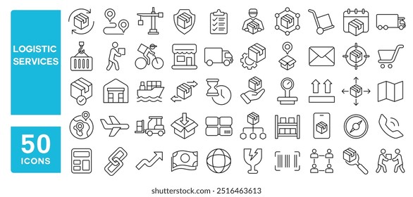 Set von 50 Linien Icons im Zusammenhang mit logistischen Dienstleistungen, Handel, international, Versand, Handel, LKW, Lieferung, Kurier, Tracking, Lager, Kette, Versorgung, Bearbeitbare Stroke. Vektorgrafik