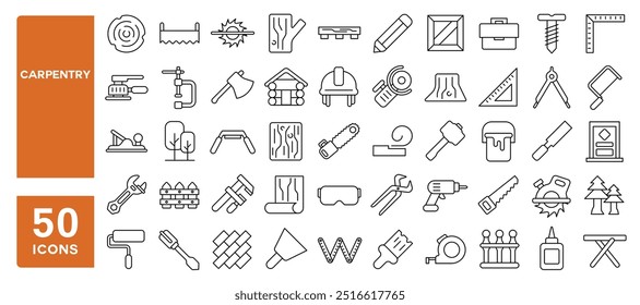 Set of 50 line icons related to carpentry, wood, saw, sawmill, timber, lumber, trees, spanner, forestry, tools, helmet, wrench, scale, drill, hammer, Editable stroke. Vector illustration