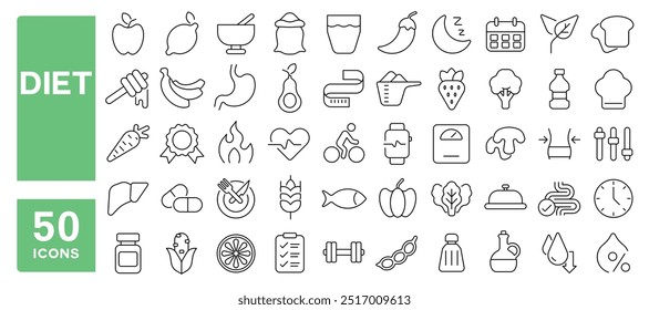 Set of 50 line icons related to diet, nutrition, protein, balanced, fruits, vegetables, free, healthy, fat, carbohydrates, weight loss, Editable stroke. Vector illustration