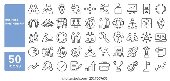 Set von 50 Linien Icons im Zusammenhang mit Geschäftspartnerschaft, Zusammenarbeit, Aktie, Zusammenarbeit, Teamarbeit, Management, Editable Stroke. Vektorgrafik