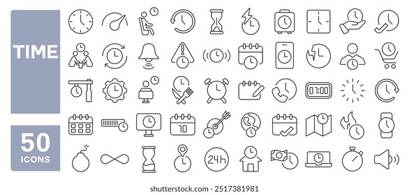 Set of 50 line icons related to time, date, clock, alarm, schedule, hourglass, appointment, wait, calendar, fast, notification, timing, Editable stroke. Vector illustration