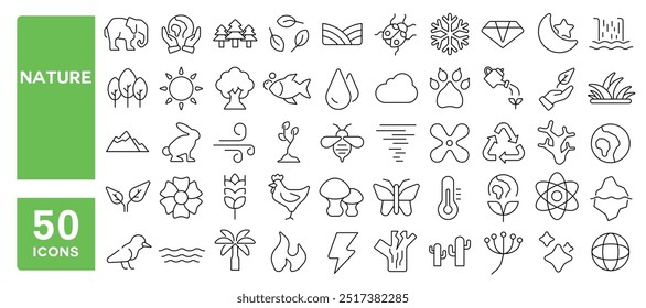 Set of 50 line icons related to nature, landscape, trees, mountain, plants, river, ocean, sky, sun, cloud, green, fresh air, leaf, animals, earth, globe, flowers, Editable stroke. Vector illustration