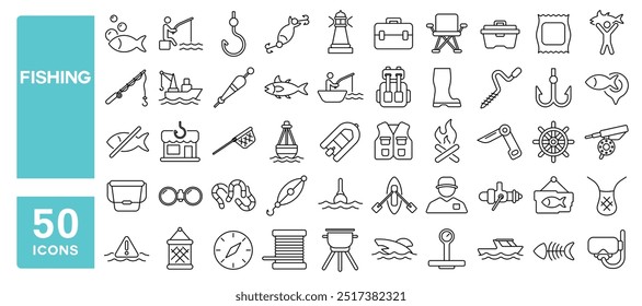 Set of 50 line icons related to fishing, fish, fisherman, boat, lake, net, tackle, hook, ship, catch, float, hunting, rod, tuna, shark, bait, Editable stroke. Vector illustration