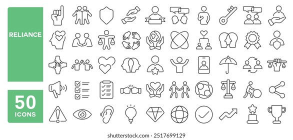 Conjunto de 50 iconos de línea relacionados con la confianza, confianza, credibilidad, confianza, verdad, honesto, promesa, amistad, valor, credibilidad, garantía, trazo editable. Ilustración vectorial