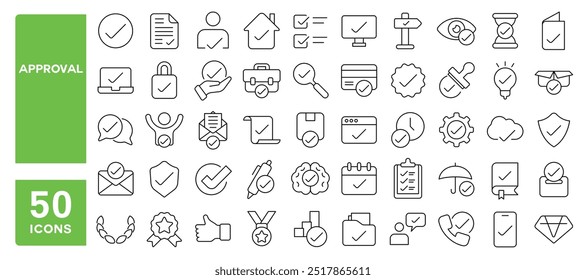 Set of 50 line icons related to approval, check mark, validation, seal, certified, confirmation, confirm, test, quality, correct, verified, true, Editable stroke. Vector illustration