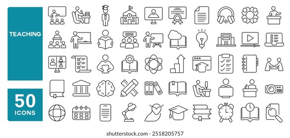 Set of 50 line icons related to teaching, teacher, professor, mentor, lesson, class, school, instruction, cap, university, education, study, Editable stroke. Vector illustration