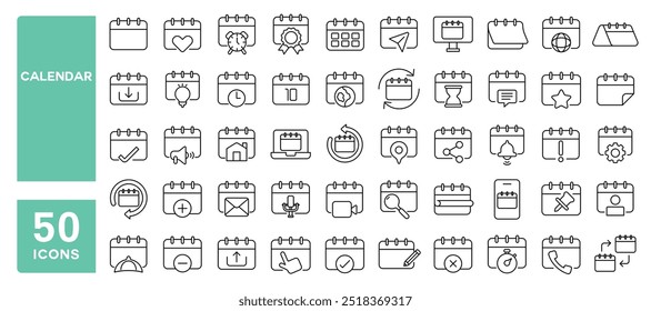 Set of 50 line icons related to calendar, appointment, schedule, event, organizer, timetable, time, meeting, date, day, week, month, year, Editable stroke. Vector illustration