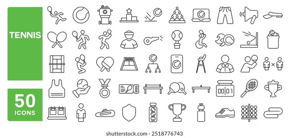 Conjunto de 50 iconos de línea relacionados con tenis, raqueta, cancha, pelota, juego, jugador, swing, trofeo, competencia, atlético, tablero, golpe de derecha, pádel, golpe editable. Ilustración vectorial