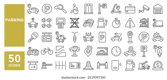 Conjunto de 50 iconos de línea relacionados con estacionamiento, barrera, lote, sótano, boleto, coche, bicicleta, garaje, sirviente, ascensor, seguridad, valet, golpe editable. Ilustración vectorial