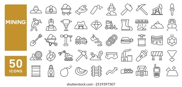 Set of 50 line icons related to mining, miner, minerals, pickaxe, jackhammer, wagon, gold, diamond, coal, oil, train, stone, panning, excavator, axe, shovel, Editable stroke. Vector illustration