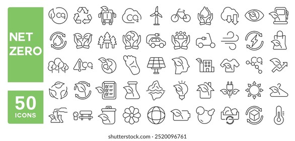 Conjunto de 50 ícones de linha relacionados a zero líquido, sustentável, carbono, pegada, energia, eco, co2, renovável, natureza, terra, verde, AVC editável. Ilustração vetorial