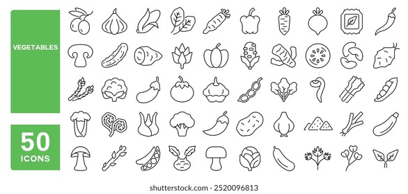 Conjunto de 50 iconos de línea relacionados con verduras, tomate, oliva, ajo, cebolla, zanahoria, champiñón, calabaza, pimienta, col, patata, frijoles, guisantes, maíz, trazo editable. Ilustración vectorial