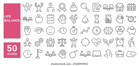 Set of 50 line icons related to life balance, life, work, pulse, wellness, existence, manage, time, health, routine, full, cycle, Editable stroke. Vector illustration