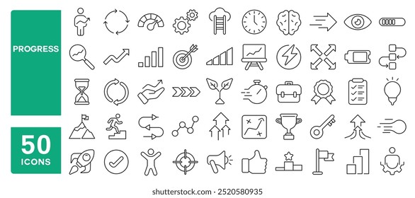 Conjunto de 50 ícones de linha relacionados ao progresso, eficiência, crescimento, aumento, desenvolver, seta, sucesso, lucro, realização, produtividade, subir, crescer, curso editável. Ilustração vetorial