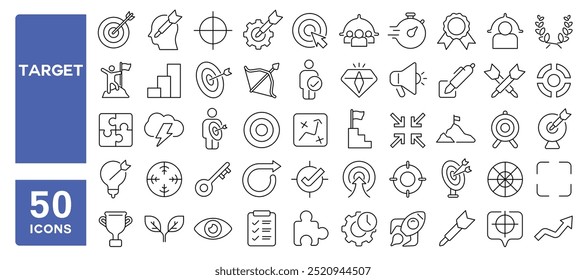 Set of 50 line icons related to target, success, goal, final, center, focus, achievement, accurate, mission, job, targeting, Editable stroke. Vector illustration