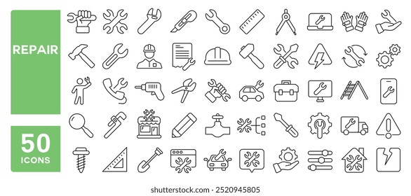 Conjunto de 50 iconos de línea relacionados con la reparación, mantenimiento, restauración, llave inglesa, herramientas, Asistencia, recuperación, verificación, mano de obra, configuración, reparación, carrera editable. Ilustración vectorial