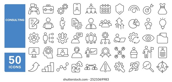 Conjunto de 50 ícones de linha relacionados a consultoria, assessoria, suporte, consultoria, consultoria, gestão, eficiência, estratégica, soluções, resolução, assistente, curso editável. Ilustração vetorial