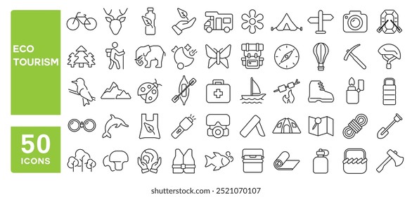 Set of 50 line icons related to eco tourism, outdoor, trip, nature, hiking, camping, landscape, lifestyle, mountain, recycle, traveler, tourist, safari, adventure, Editable stroke. Vector illustration