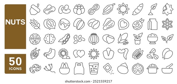 Set of 50 line icons related to nuts, seeds, beans, walnut, sesame, coffee, almond, pecan, peanut, soy, cashew, walnut, corn, hazelnut, pumpkin, sunflower, cacao, Editable stroke. Vector illustration