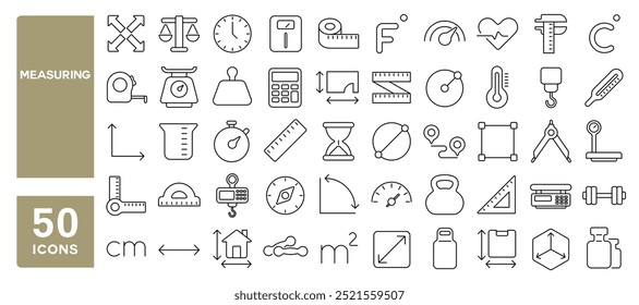 Set of 50 line icons related to measuring, measure, measurement, scale, ruler, size, dimension, temperature, length, width, height, volume, scales, Editable stroke. Vector illustration