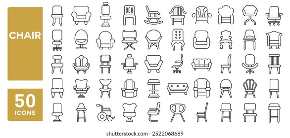 Conjunto de 50 ícones de linha relacionados com cadeira, sofá, salão, interior, decorar, sofá, braço, banquinho, assento, poltrona, AVC editável. Ilustração vetorial