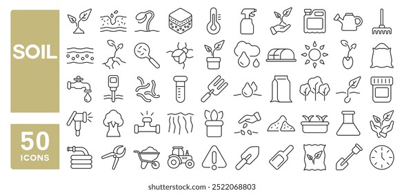 Set of 50 line icons related to soil, ground, compost, land, plant, root, layer, organic, seeds, sprout, agriculture, drought, growth, Editable stroke. Vector illustration