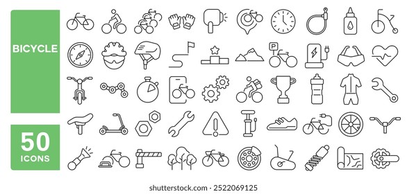 Conjunto de 50 ícones de linha relacionados com bicicleta, bicicleta, ciclismo, carregamento, chifre, freio, reparação, passeio, capacete, condução, veículo, atividade, AVC editável. Ilustração vetorial