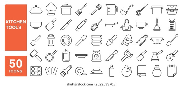 Set of 50 line icons related to kitchen tools, supplies, spoon, fork, knife, plate, glass, pot, ware, hat, spatula, whisk, brush, pan, Editable stroke. Vector illustration