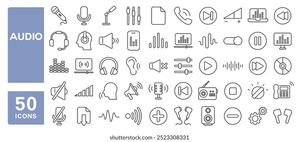 Conjunto de 50 ícones de linha relacionados a áudio, volume, som, equalizador, alto-falante, fone de ouvido, microfone, megafone, frequência, voz, gravação, microfone, curso editável. Ilustração vetorial