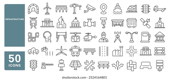 Set of 50 line icons related to infrastructure, public, road, city, highway, tunnel, building, structure, Editable stroke. Vector illustration