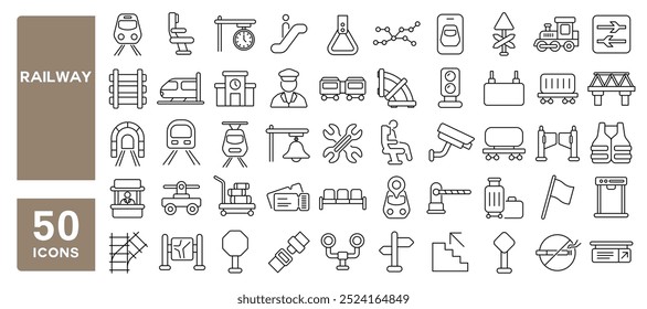 Conjunto de 50 iconos de línea relacionados con ferrocarril, tren, metro, ferrocarril, pista, tranvía, túnel, metro, carga, carrera editable. Ilustración vectorial